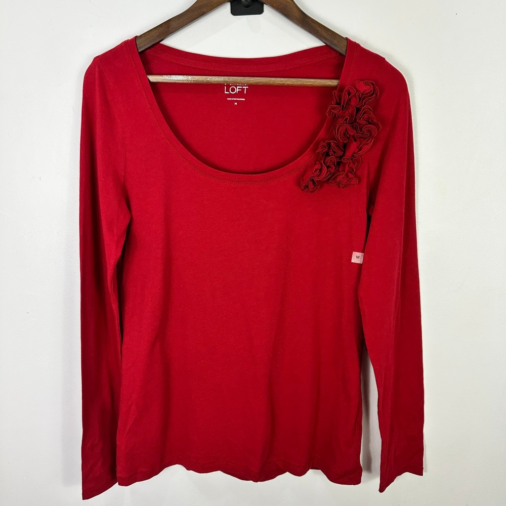 Loft Floral Ruffle Shoulder Top Women Medium Red Long Sleeve Scoop Neck Cotton